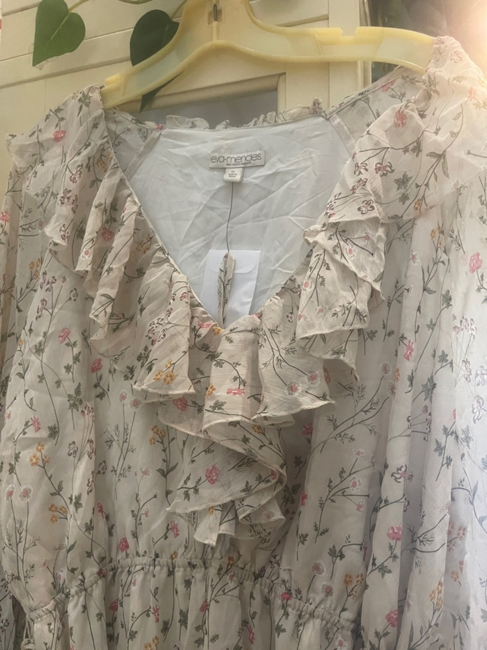 eva mendes for New York & Company Cream Floral Ruffle Midi Dress